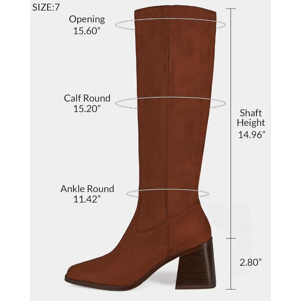 Women Brown-suede Polyurethane Knee High Square Toe Zipper Block Heel Tall Boots